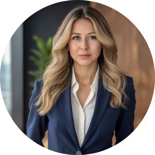 Talent hunter - Agencja rekrutacyjna - w okręgu kobieta w granatowej marynarce i białej koszuli